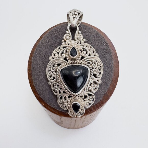 VTG Sterling Silver 925 Black Onyx Bezel Set Scroll Pendant Size 2" Length - Picture 1 of 9
